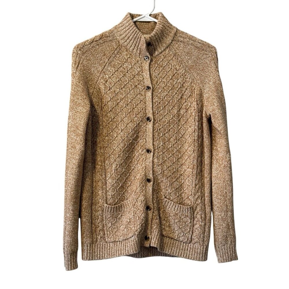 Lands' End Oatmeal Brown Cable Knit Mock Neck Cardigan Sweater Size Small Preppy